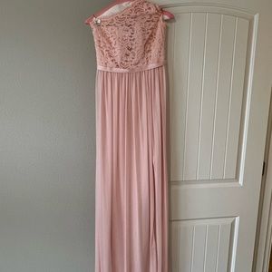 Pink long dress over one shoulder David’s bridal size 4